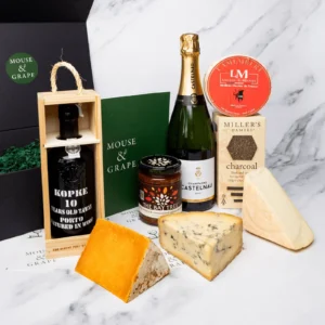 Port and Champagne hamper with wine bottles, cheese and savoury accompaniments